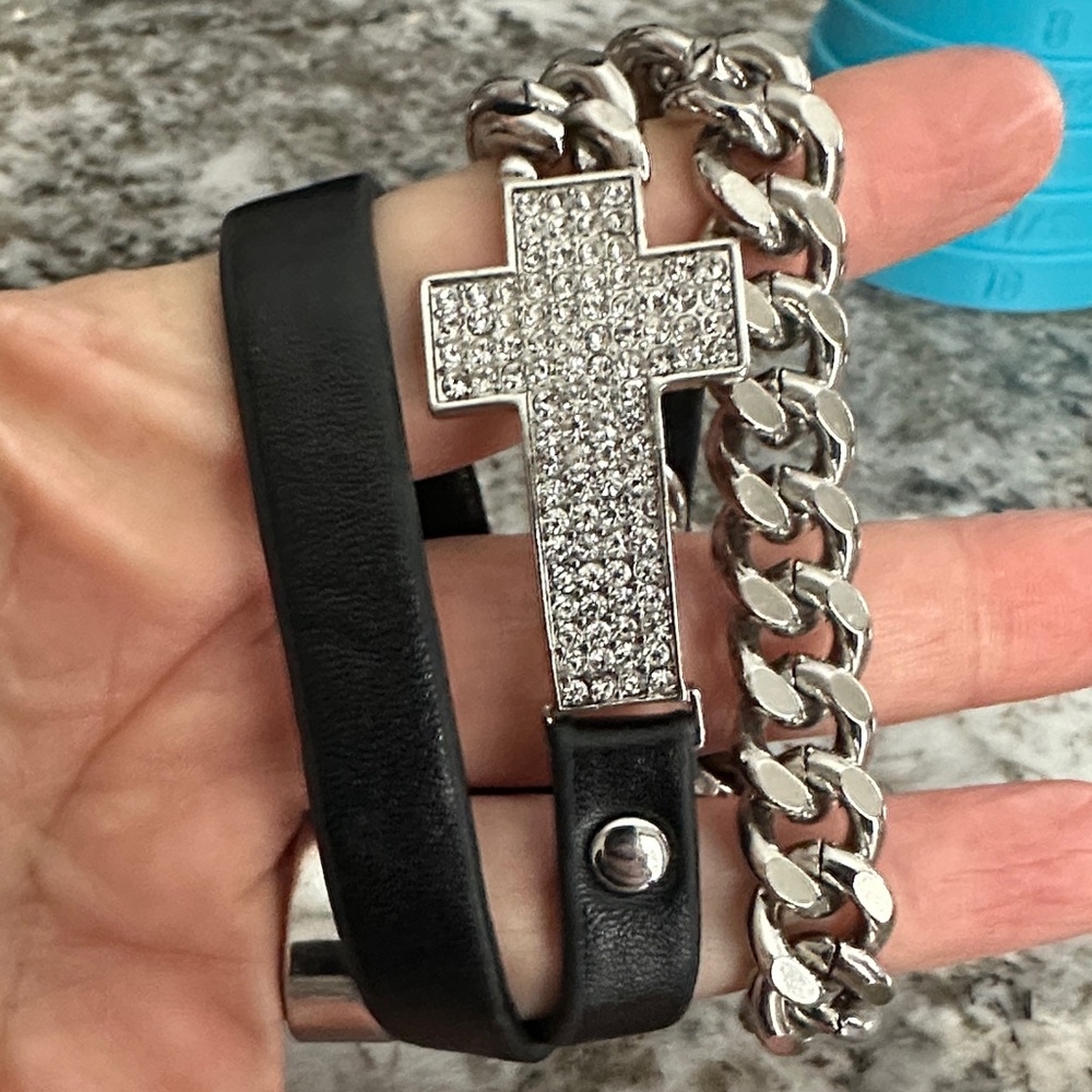 Black Leather and Silver Chain Wrap Bracelet with Rhinestone Cross